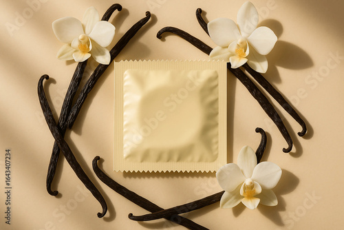 Elegantes Kondom-Mockup in cremefarbener Verpackung, umgeben von Vanilleschoten und Vanilleblüten, luxuriöses Designkonzept.