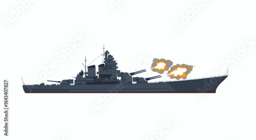 Powerful warship firing cannons on the open sea ready for battle during wartime for military defense