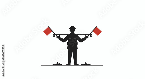 Construction worker holding red flags signaling safety, perfect for construction or traffic control safety needs