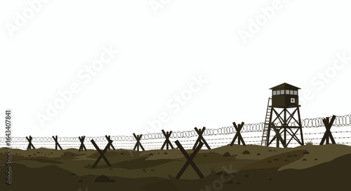Eerie military outpost with barbed wire fence evokes feelings of control, isolation, and wartime tension