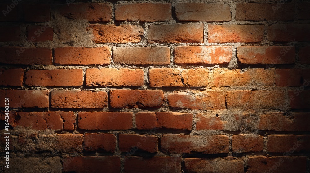 Close-up of a textured red brick wall illuminated by warm light.