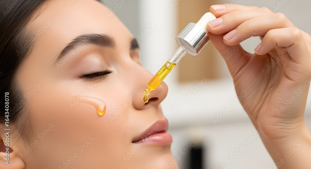 Woman Applying Face Serum with Dropper, Skincare Routine Woman Applying Face Serum with Dropper, Skincare Routine
