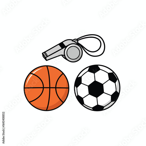 Cartoon illustration of a whistle and basketball and soccer balls.