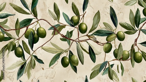 An elegant display of olive branches with green olives against a textured, neutral background.