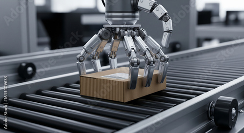 Automated robotic arm sorting parcels on a conveyor belt in a modern logistics and distribution center