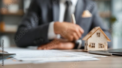 Focused real estate agent man signing contract, closing deal with house model