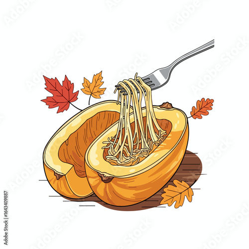 A halved squash filled with spaghetti-like strands, being lifted by a fork, autumn leaves.