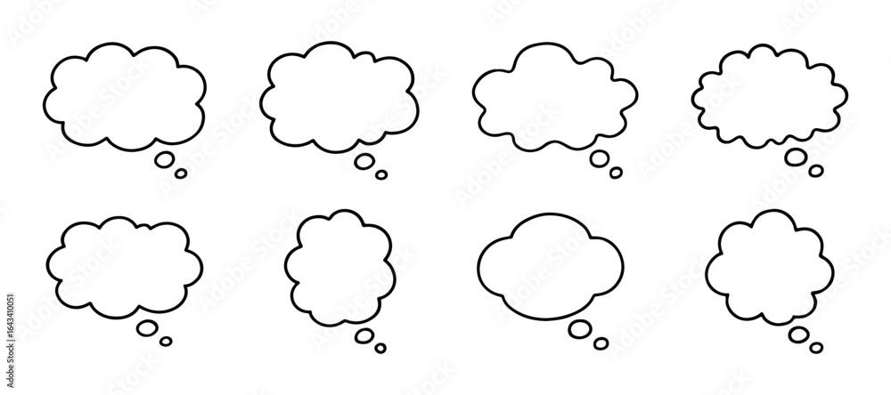 A set of 8 outlined speech bubbles with a cloud-like shape, ideal for representing thoughts, ideas, or communication in designs A set of 8 outlined speech bubbles with a cloud-like shape, ideal for representing thoughts, ideas, or communication in designs