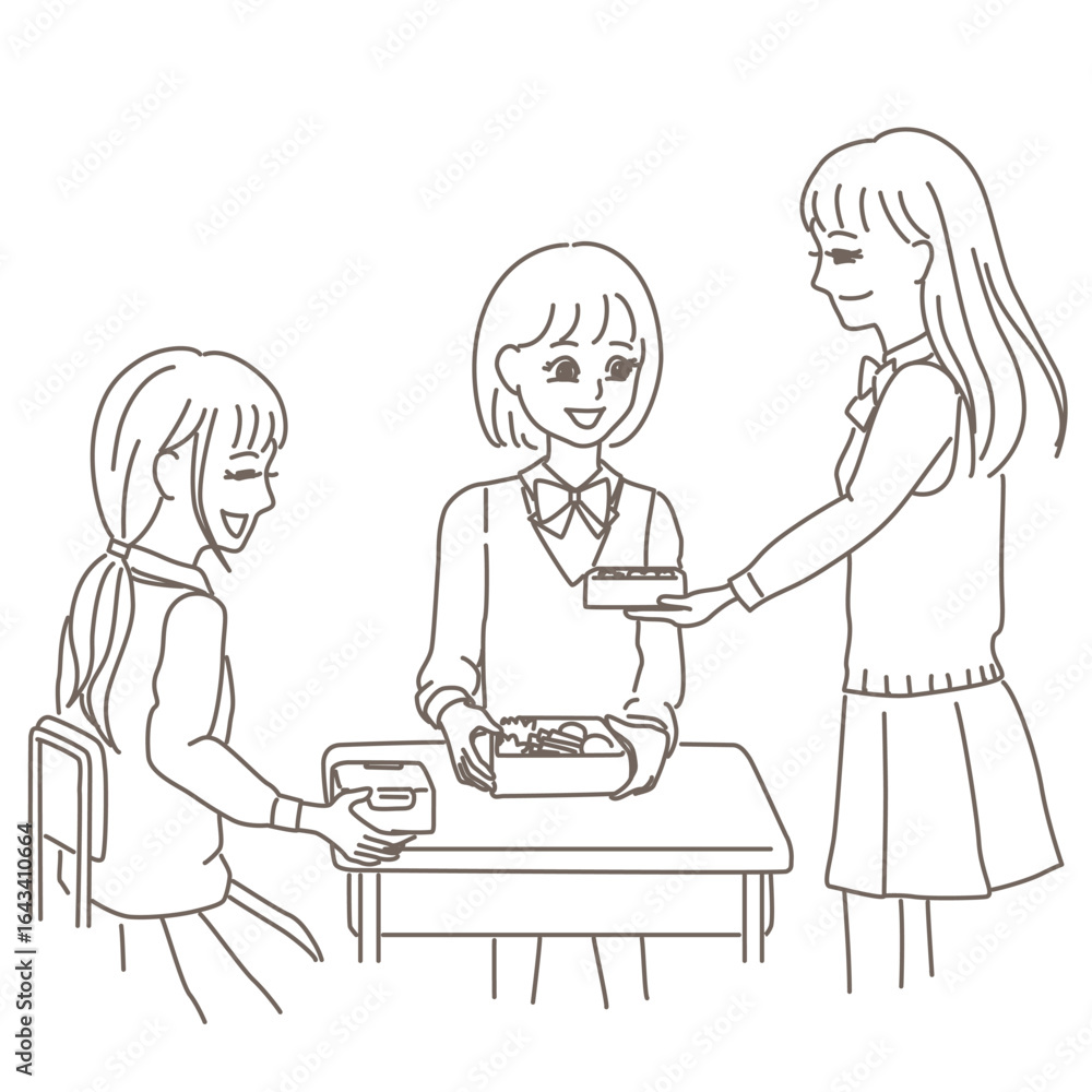 女子学生がお弁当を見せ合っている線画イラスト 女子学生がお弁当を見せ合っている線画イラスト