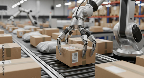 Automated robotic arm sorting parcels on a conveyor belt in a modern logistics and distribution center