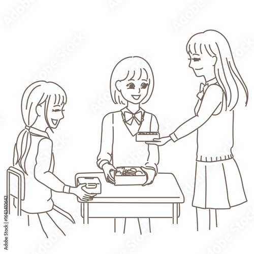女子学生がお弁当を見せ合っている線画イラスト