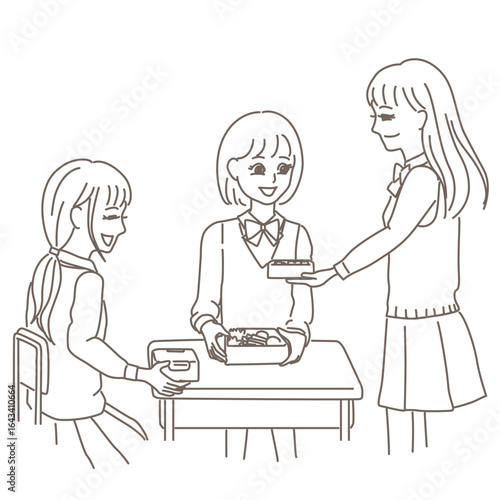 女子学生がお弁当を見せ合っている線画イラスト