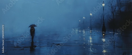 Rainy night street. A solitary figure under an umbrella, head bowed. Muted blues and grays evoke depression, vibrant streetlights reflect on slick pavement.