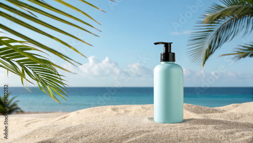 Invigorating turquoise lotion bottle rests on pristine sand with lush palm leaves framing a serene ocean backdrop, perfect for summer skincare advertising and tropical wellness campaigns