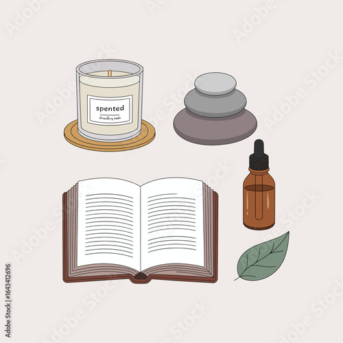 Mindfulness and Serenity Illustration with Scented Candle Essential Oil Stones and Open Book for Relaxation and Wellness Promoting Mental Health and a Calm Atmosphere