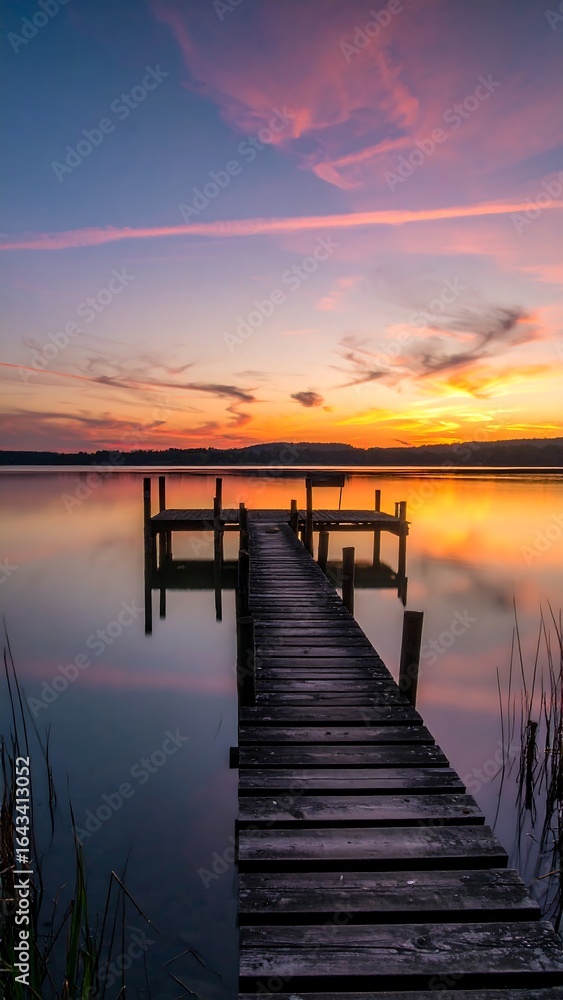 Fototapeta premium Sunset lakeside pier reflection