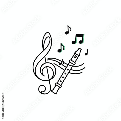 A simple line drawing of a treble clef, flute, and musical notes, suggesting music.