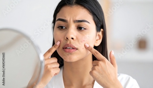 Woman examining acne