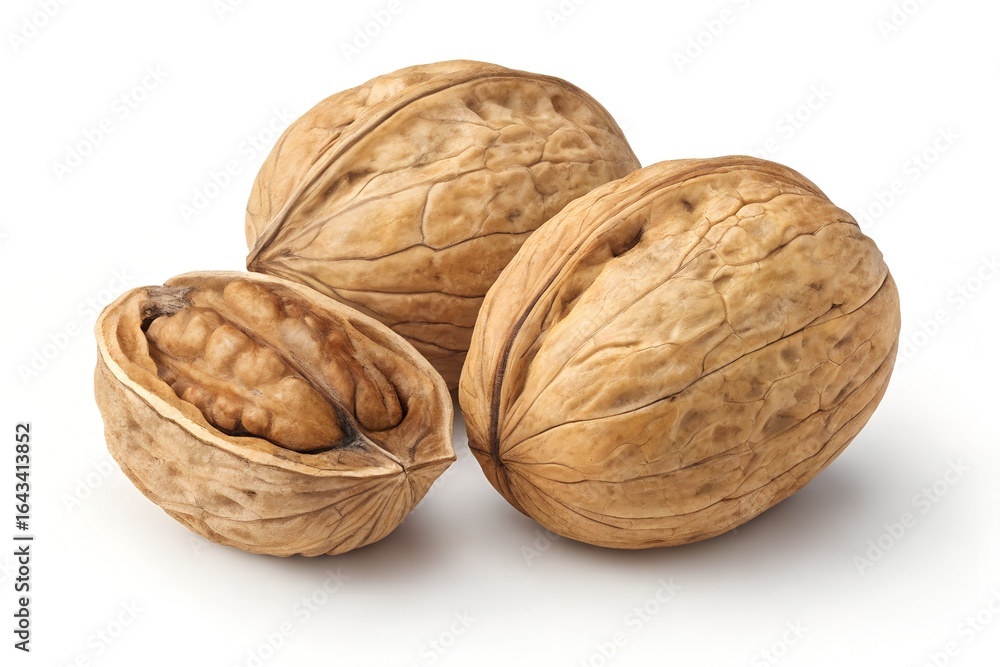 Walnuts, Whole and Halved, on Plain Backdrop Walnuts, Whole and Halved, on Plain Backdrop