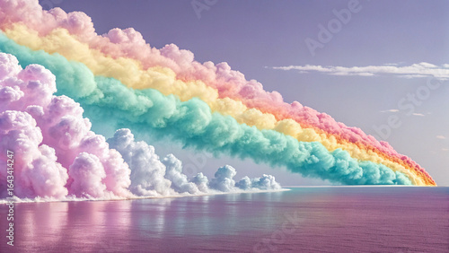 Dreamy pastel rainbow clouds cascade over a tranquil, reflective ocean creating an ethereal, hopeful, and serene visual symphony.