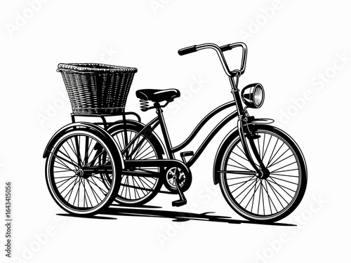 Vintage Tricycle with Wicker Basket Black and White Illustration Detailed Retro Style Three Wheeled Bike Classic Design Isolated on White Background
