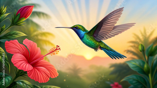 Vibrant hummingbird gracefully hovers near a blooming hibiscus flower during a breathtaking tropical sunrise, capturing nature's delicate beauty and energy