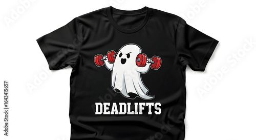 A black t-shirt with a Halloween-themed graphic. The graphic includes a cartoon ghost and the text .

