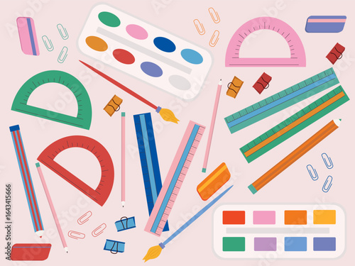 School supplies sticker set. Ruler, pencil, eraser, paint, brush icons set. Back to school. Hand drawn pictures