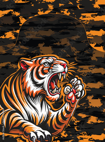A fierce tiger roaring with its mouth wide open and sharp teeth showing, showcasing its power and aggressive behavior in an illustration.