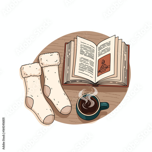 Cozy reading nook with warm socks, an open book, and a steaming cup of coffee.