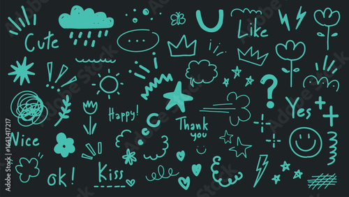 Cute doodles with stars, clouds, and crowns. Fun and playful, these doodles add charm. Doodles with stars, clouds, and crowns for a whimsical touch. Colorful typography vector set.