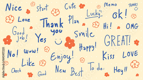 Colorful words like 'Thank you', 'Love', 'Smile', and 'Great' with playful flowers. Positive, cheerful, and bright design with motivational phrases. Colorful typography vector set.