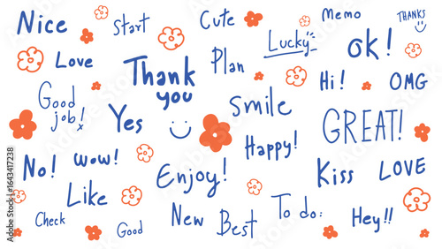 Colorful words and phrases like 'Thank you', 'Love', 'Great', and 'Enjoy' in blue and orange. Positive and cheerful words scattered with flowers. Colorful typography vector set.