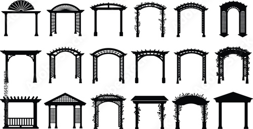 garden, arbor, pergola, trellis, gazebo, pavilion, outdoor, structure, decorative, silhouette, vector, set, collection, entrance, archway, patio, canopy, wooden, architecture, illustration