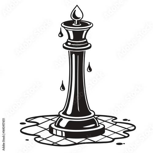 Black and white illustration of a queen chess piece with dripping liquid on a checkered surface