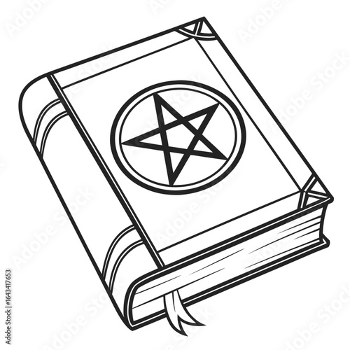 Black and white illustration of an ancient spell book with a pentagram symbol on the cover