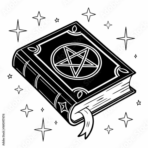 Black magic book with pentagram symbol and sparkling stars