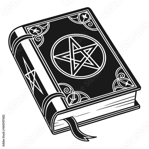 Black magic book with pentagram symbol and ornate decorations on white background