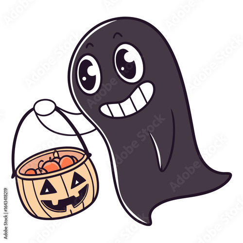 Friendly cartoon ghost holding a jack o lantern candy bucket filled with apples