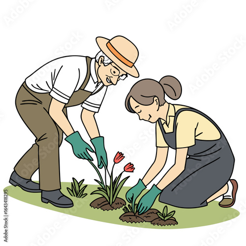 Grandfather and granddaughter happily planting flowers together in the garden