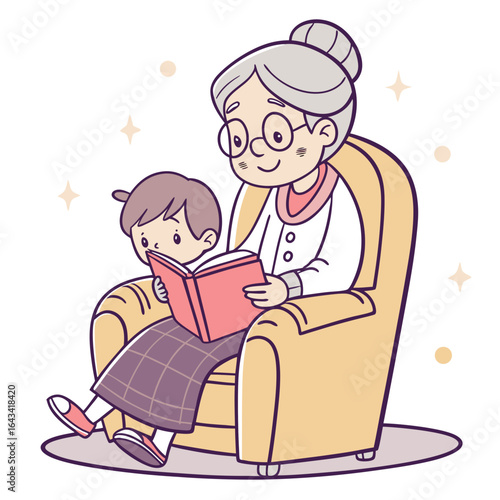 Grandmother and grandchild sitting in a cozy armchair reading a book together