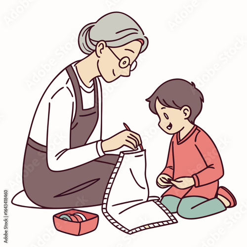 Grandmother and grandson are engaged in a craft activity together indoors