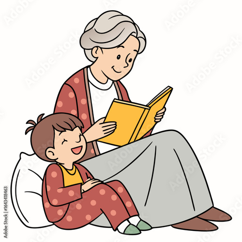 Grandmother reading a book to her grandchild on a pillow