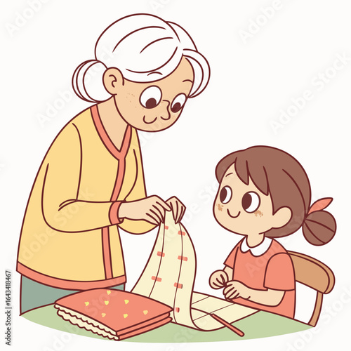 Grandmother and granddaughter happily folding laundry together indoors