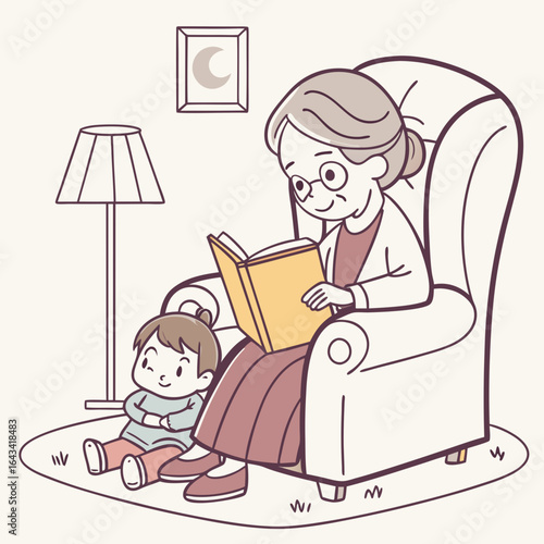 Grandmother reading a book to her grandchild sitting on the floor in a cozy living room