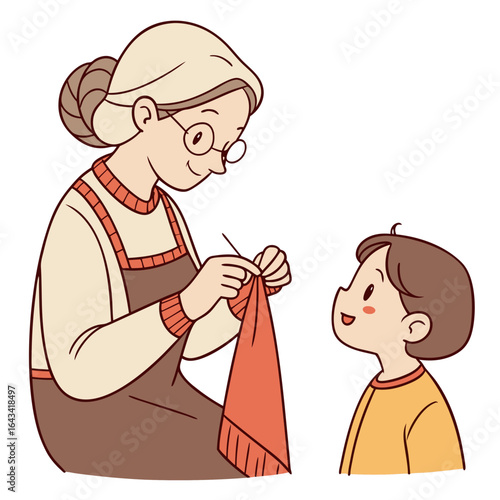 Grandmother teaching her grandson how to knit a warm orange scarf