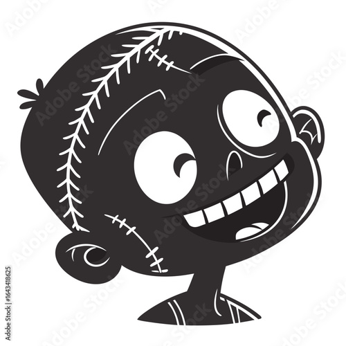 Happy cartoon zombie character with stitches and big eyes smiling broadly