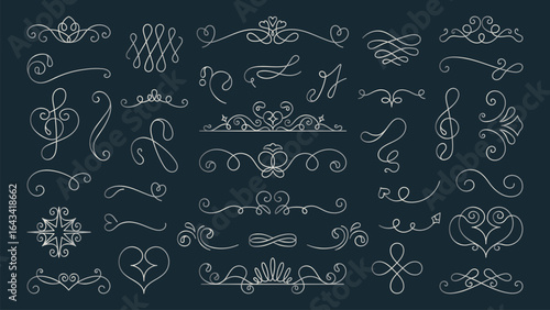 Vector set. Elegant flourishes and decorative swirls on a dark background. These flourishes and swirls add a touch of elegance and sophistication to any design. Hand drawn ornament vector set.