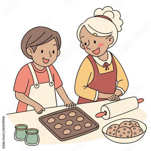 Happy grandmother and child baking cookies together in the kitchen with baking supplies