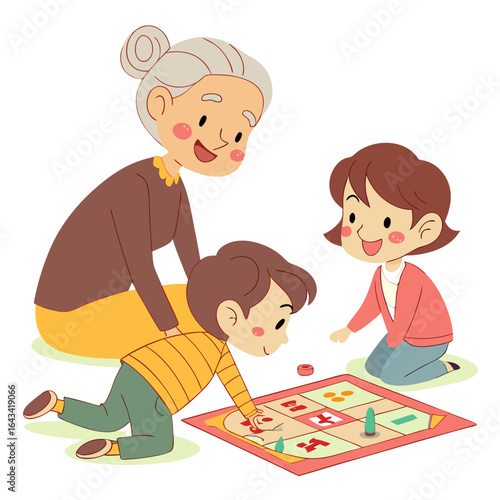 Happy grandmother playing a board game with her grandson and granddaughter